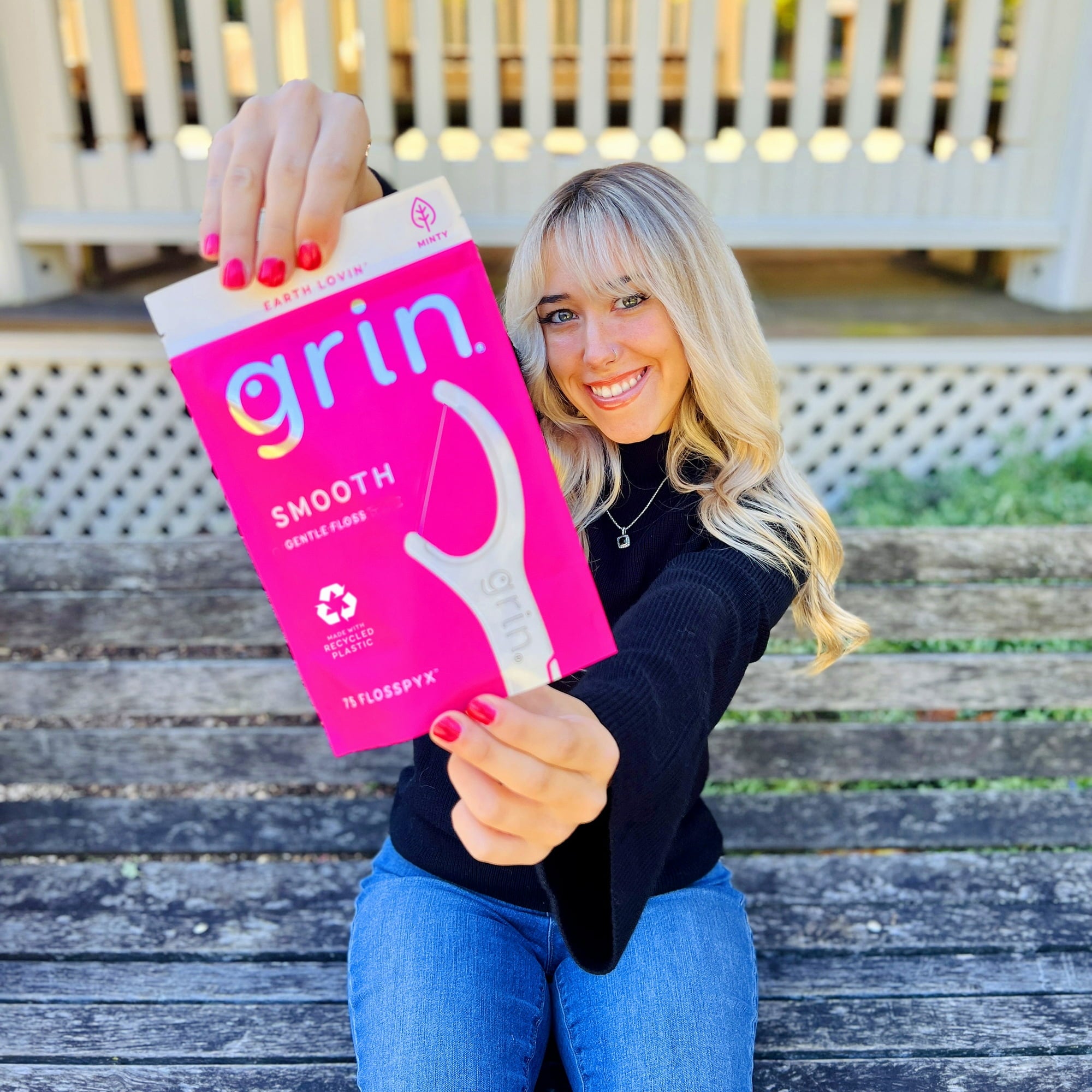 Grin Smooth Flosspyx - 75 ct - Dental Floss Picks, Flossers, Made with Recycled Plastic,  Gentle Floss Tape, Slides Easily Between Tight Teeth, Longer Floss, Safe Fold-Back Pick, Minty Fresh