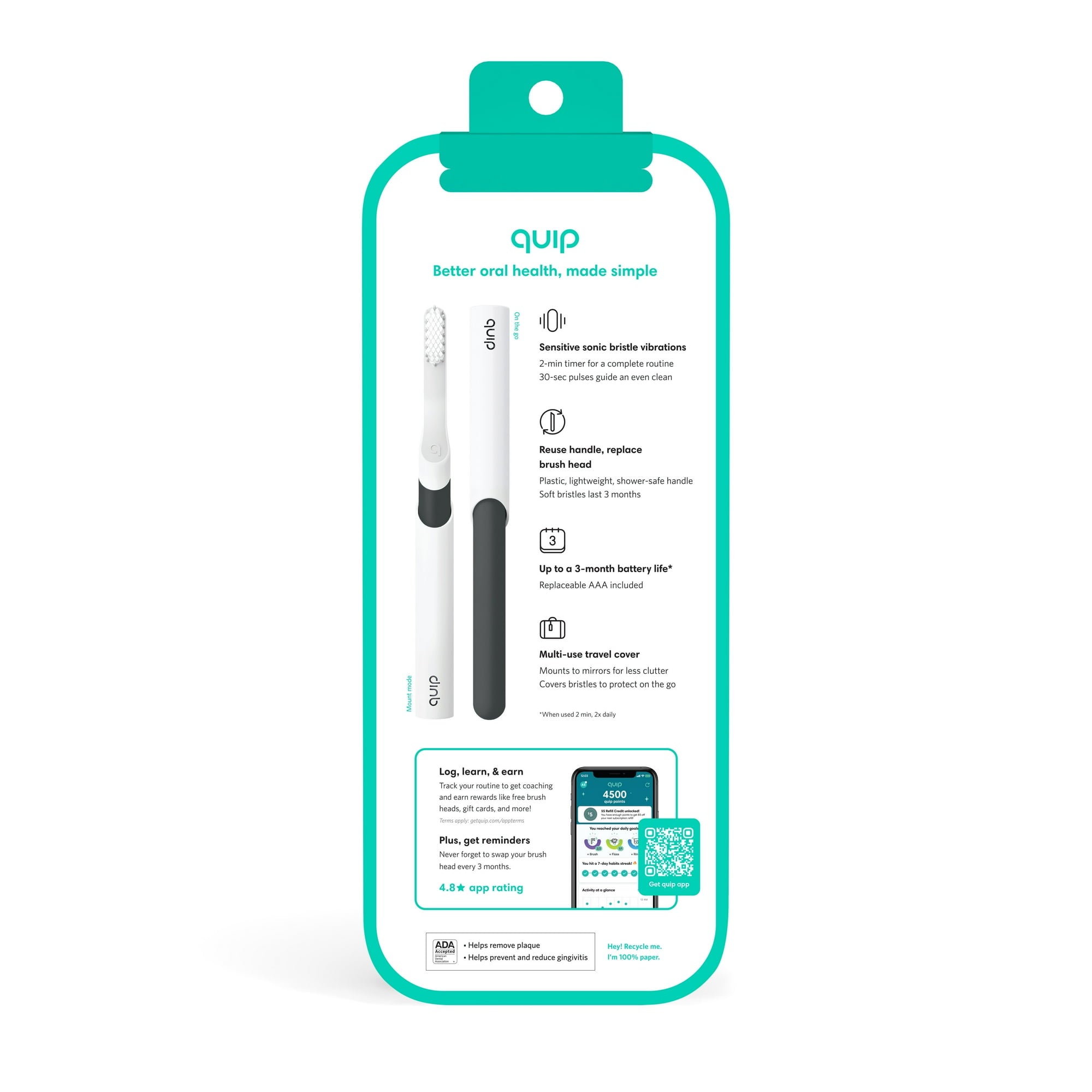 Quip Adult Electric Toothbrush Full Head, Built-in Timer + Travel Case, Charcoal Plastic