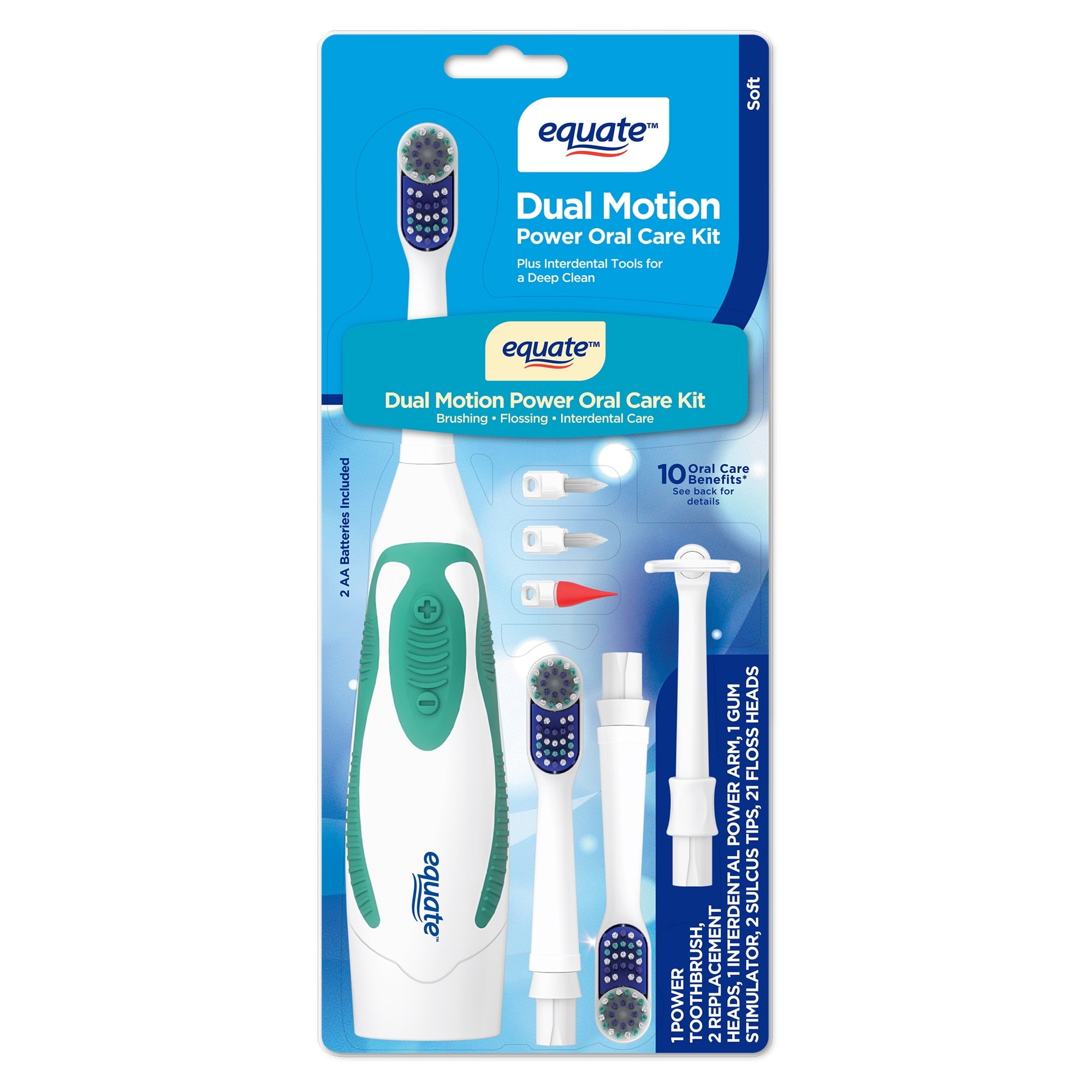 Equate Dual Motion Power Oral Care Kit with Interdental Tools, Soft Bristles
