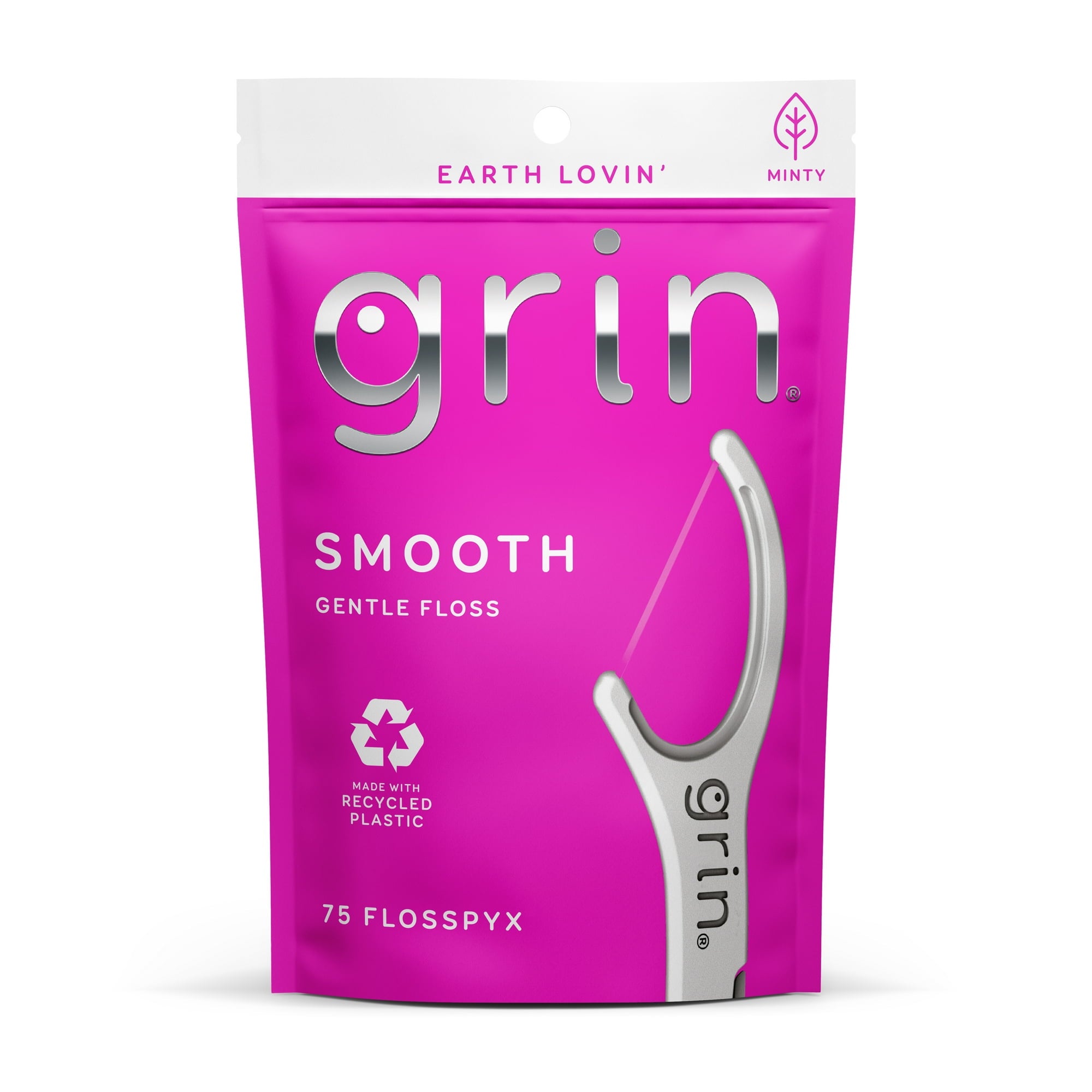 Grin Smooth Flosspyx - 75 ct - Dental Floss Picks, Flossers, Made with Recycled Plastic,  Gentle Floss Tape, Slides Easily Between Tight Teeth, Longer Floss, Safe Fold-Back Pick, Minty Fresh