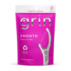 Grin Smooth Flosspyx - 75 ct - Dental Floss Picks, Flossers, Made with Recycled Plastic,  Gentle Floss Tape, Slides Easily Between Tight Teeth, Longer Floss, Safe Fold-Back Pick, Minty Fresh