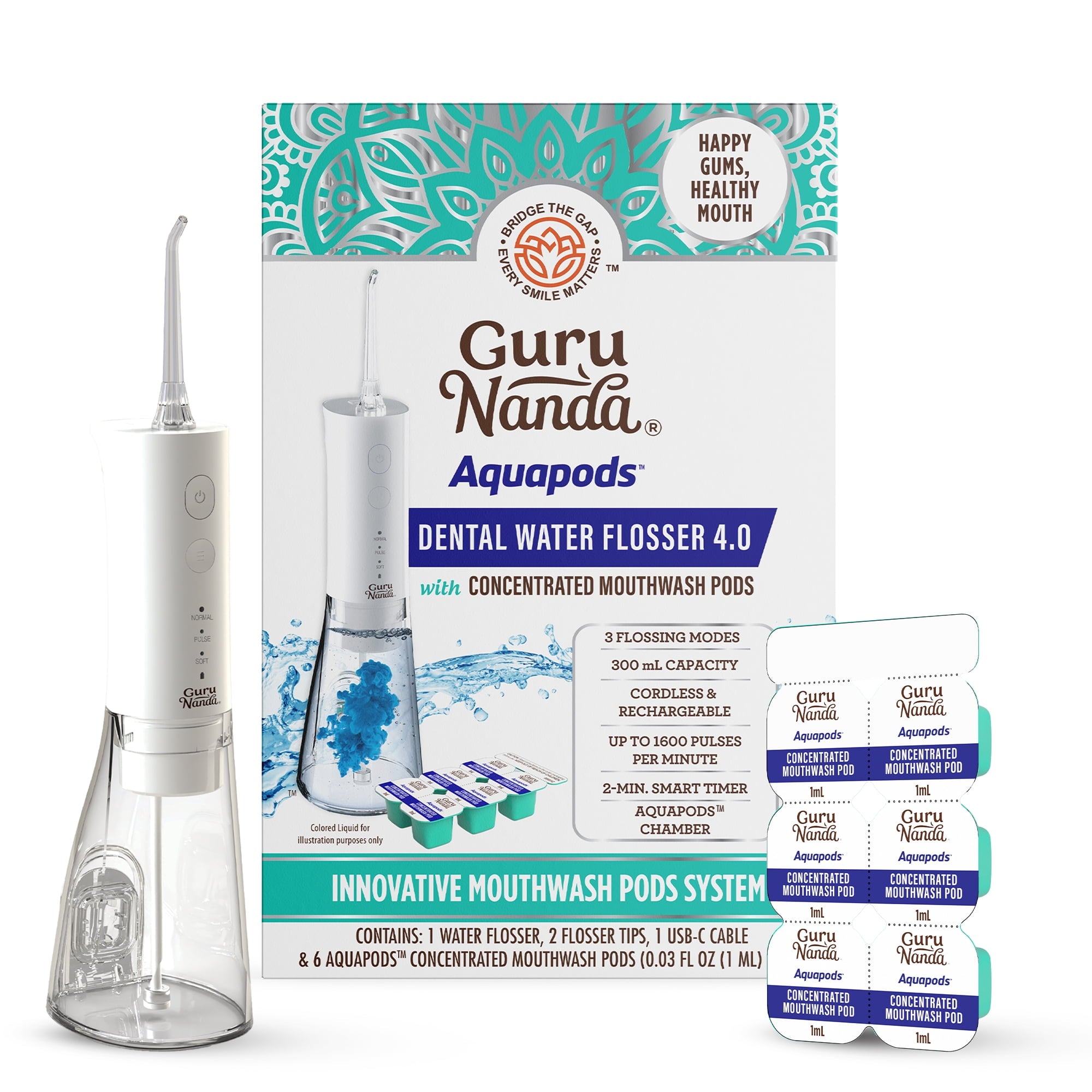 GuruNanda Dental Water Flosser 4.0 with Concentrated Mouthwash Pods - 300mL Tank - White