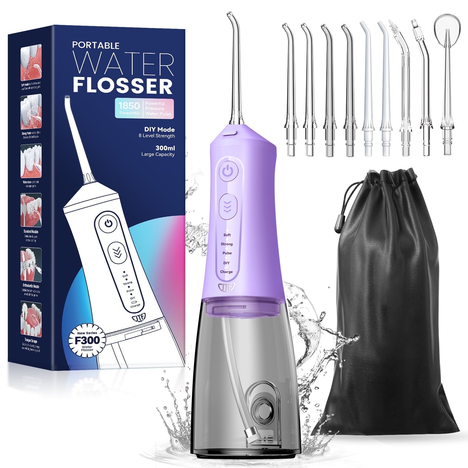 JTF Cordless Water Flosser Dental Teeth Cleaner with 9 Jet Tips, DIY Mode 300ML Tank IPX7 Waterproof Portable Rechargeable Water Flosser Dental Oral Irrigator for Home and Travel, Purple
