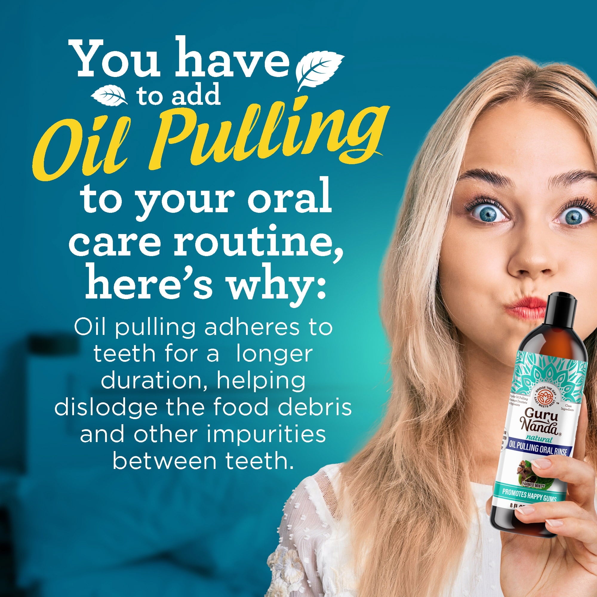 GuruNanda Oil Pulling with Cocomint, Essential Oils & Vitamins D3,E,K2 - Natural Mouthwash - 8 fl oz